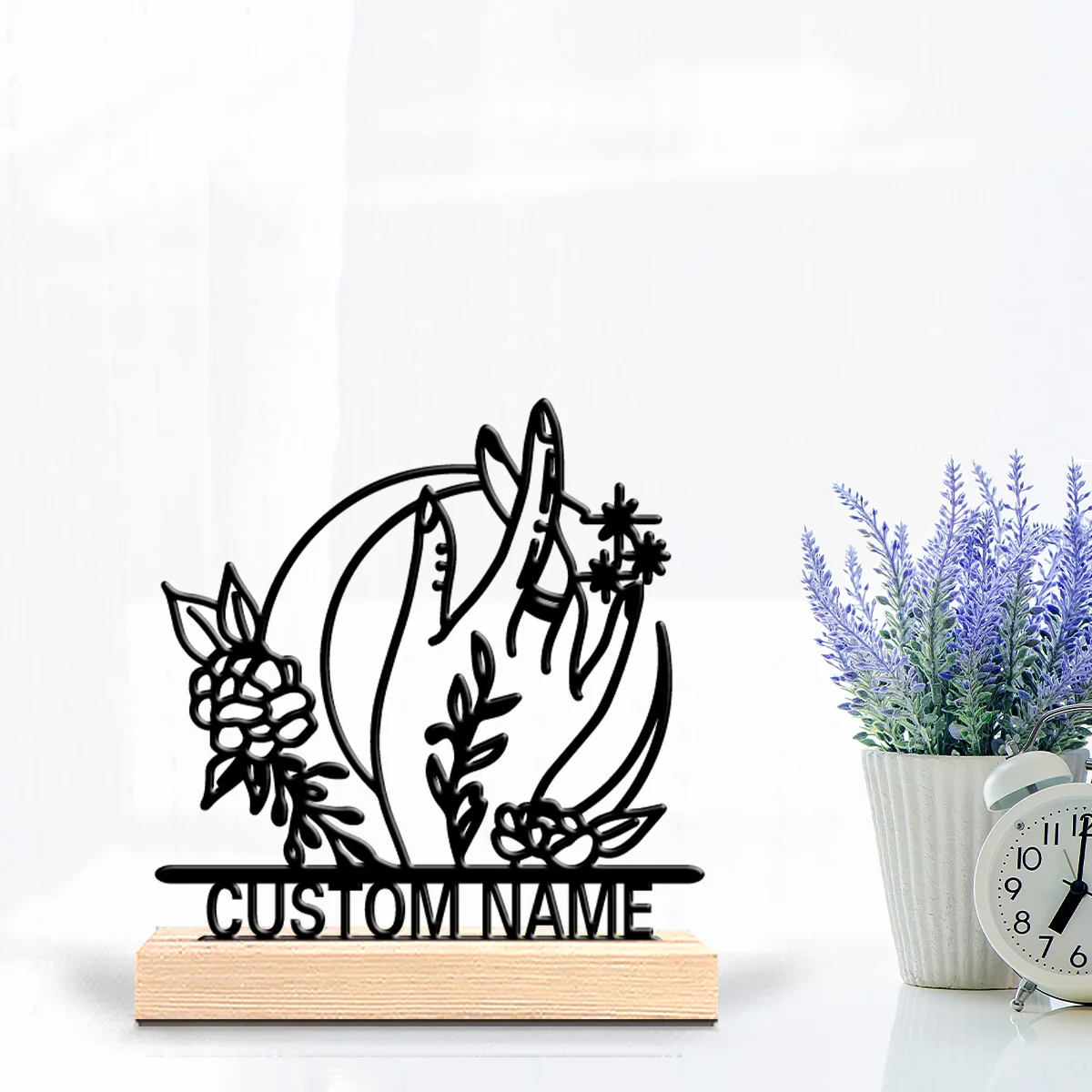 1pc Fun Personalized Custom Flowers Metal Statues Wooden Base Wall Decor for Living Room, Garage, Modern Industrial Style