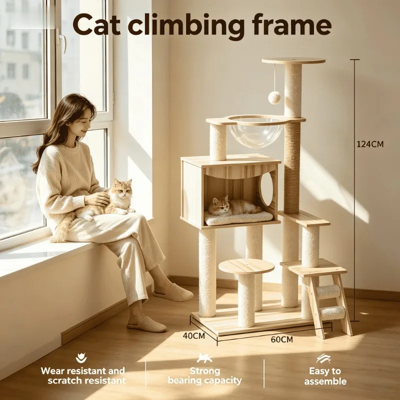 

Stylish Multi-Level Cat Tree & Condo Double Space Capsule Cat Tower with Scratch Post & Cozy Plush Bed Indoor Cat Furniture