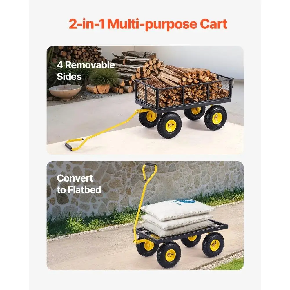 500 libras resistentes para carrinho de jardim com pneus todo terreno de 10 polegadas laterais de malha removível e alça giratória de 180 graus para quintal