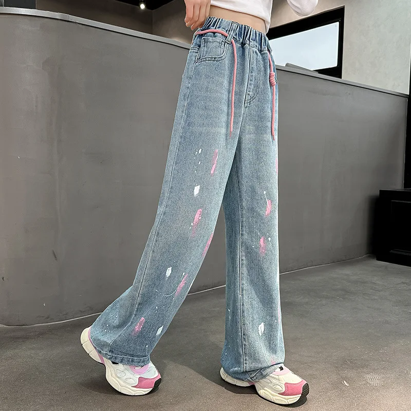 Mädchen süße Jeans mit sprüh lackierten Graffiti-Design neue Mode Denim Hose mit weitem Bein Frühling Herbst Teen Schul hose