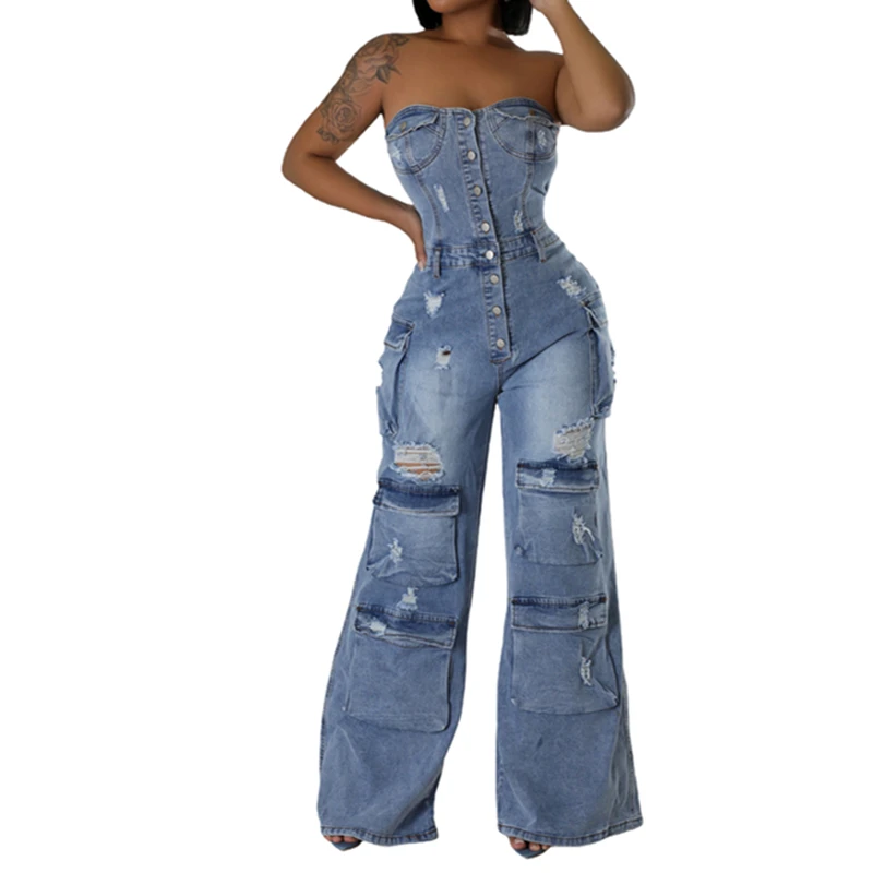 

New Arrival European American Casual Fashion Tube Top Women's Slim Fit Cargo Denim Jumpsuit Multi-Pockets Strapless Overalls