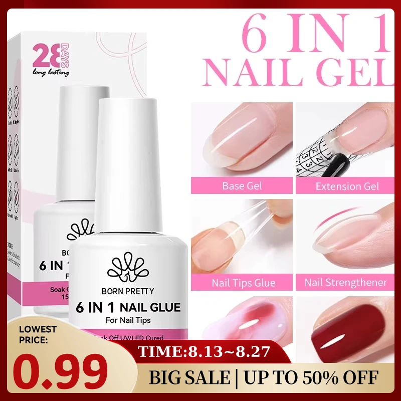 BORN PRETTY 15/10ML 6 IN 1 Nagelklebergel für Acrylnägel Soak Off Base Gel Top Coat UV-Verlängerungsnagelgel Falsche Nagelspitzen Gel