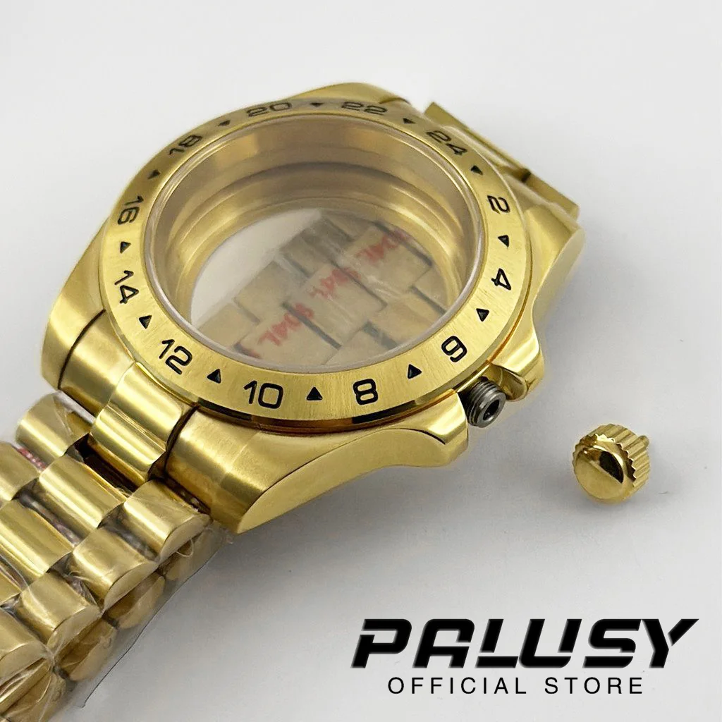Gold EXP 24 Stunden 40 mm feste Lünette Uhrengehäuse Edelstahlarmband Saphirglas für NH34 NH35 NH36 ETA2824 Uhrwerk