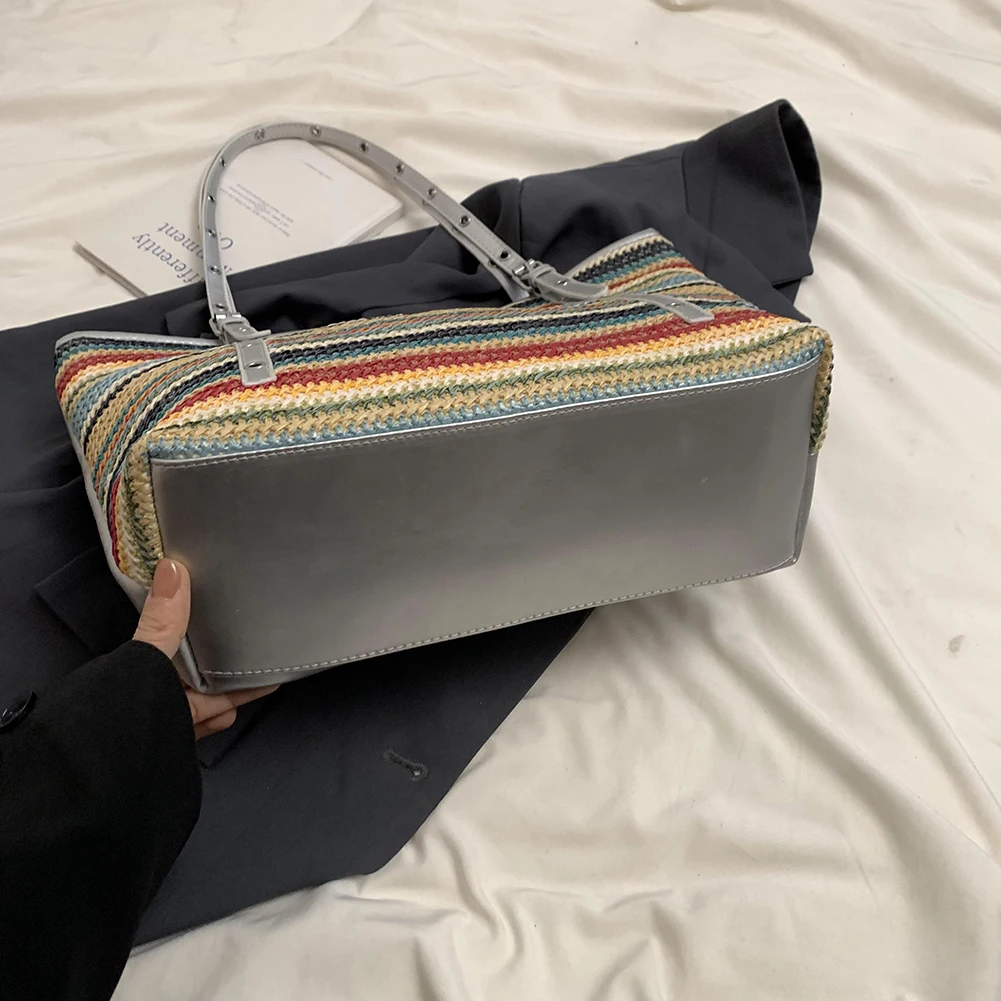 المرأة اللون القش حقيبة يد سعة كبيرة النسيج حقيبة سفر المرقعة الحد الأدنى حمل حقيبة السيدات الصيف اليومية حقيبة