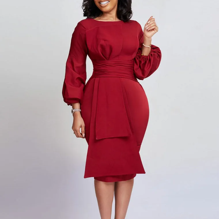 

Puff Sleeve Midi Dress Women Ruffle Crew Neck Formal Party Cocktail Pencil Dress with Bow Belt Vestidos