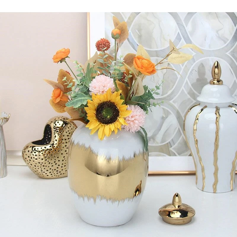 Gold Pattern Ceramic Storage Jar Artificial Flower Decorative Vase Porcelain Jewelry Jars Cosmetic Containers Desk Decoration