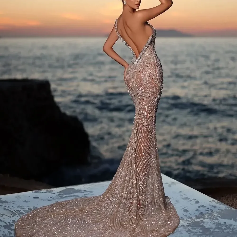 فساتين سهرة أنيقة مطرزة فساتين حفلات رسمية رسن بدون ظهر مطرز بالخرز فساتين سهرة رائعة للحفلات الراقصة مخصصة 2025