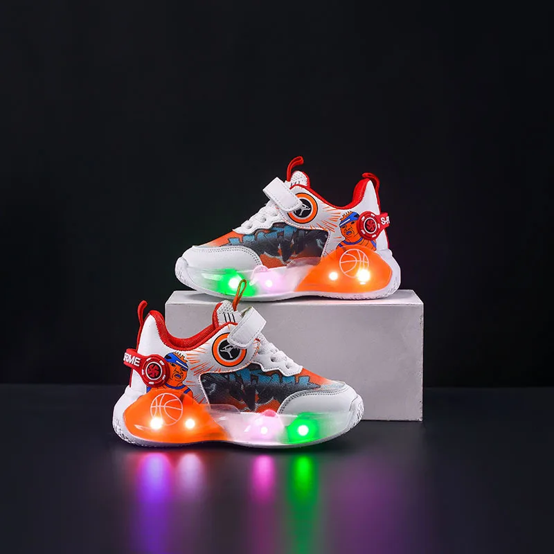 Disney zapatillas de correr con luz LED para niños, zapatillas de baloncesto de tela de red, zapatos ligeros para niños medianos