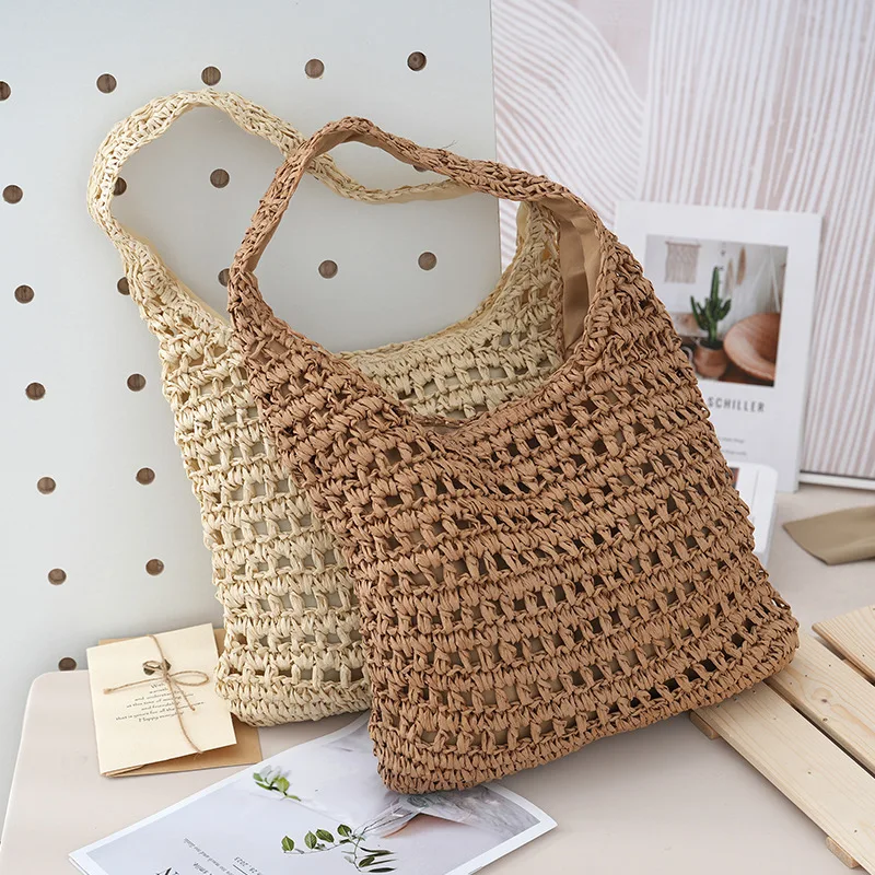 

2025 New Summer Women's Paper Woven Bag -Hollow Out Large Capacity Beach Tote Casual Shoulder Bag for Seaside Vacation & Holiday