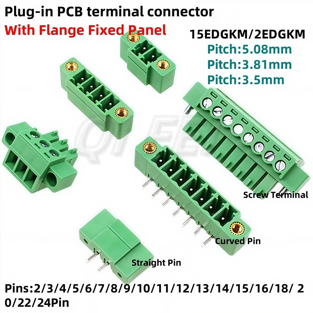 5pcs Terminal Connector 2EDGKM 3.81mm 5.08mm 3.5mm Pitch 15EDGKM PCB Terminal Block Plug-in Type 2~24P With Flange Fixed Panel