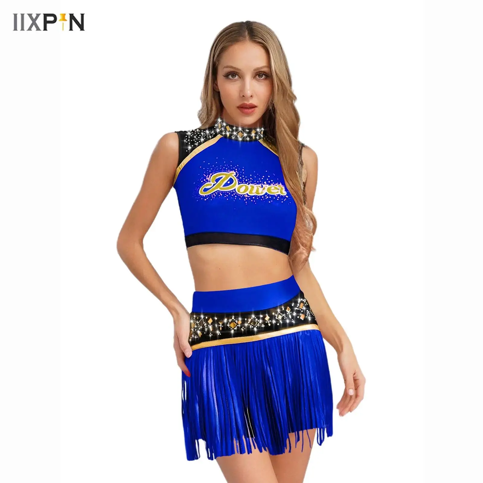 

Womens Cheerleading Uniform High Schoolgirls Cheerleader Dance Costume Shiny Rhinestone Tank Top+Tassels Skirts Shorts Sets 2Pcs