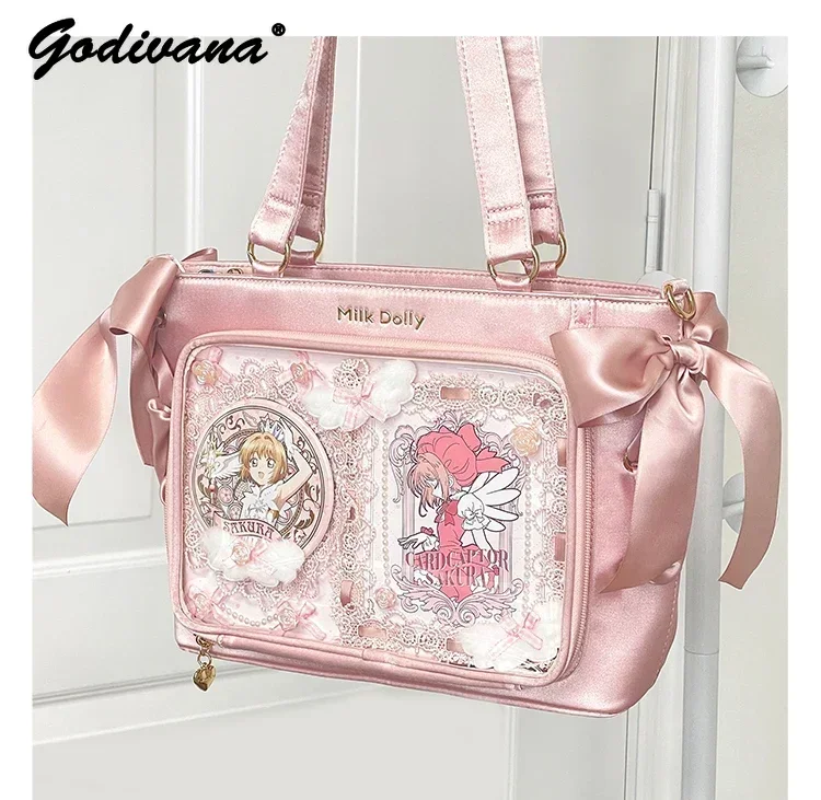 Original Japanese Style Large Capacity Bolso Handbag Crossbody Female Girls Satin Ribbon Lolita Square Bag Solid Shoulder Itabag