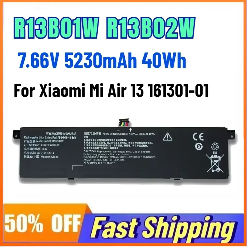 7.66V 5230mAh 40Wh R13B02W Laptop Battery for Xiaomi Mi Air 13 161301-01 R13B01W Replace Rechargeable Battery