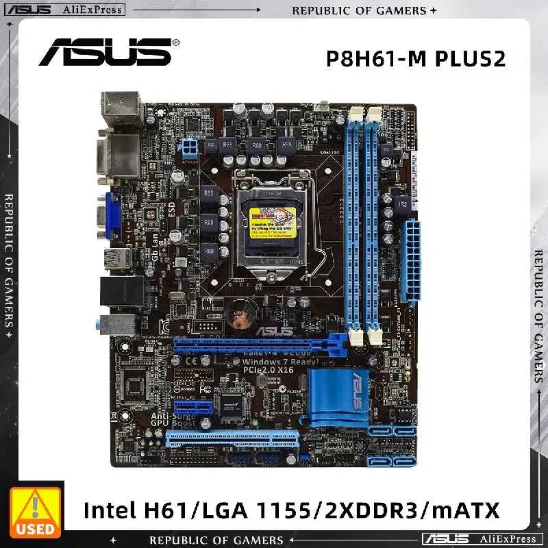 

ASUS P8H61-M PLUS2, Micro ATX Motherboard, Intel H61 Chipset, LGA 1155 Socket for 3rd 2nd Gen Core CPU, 2x DDR3, Used Mainboard