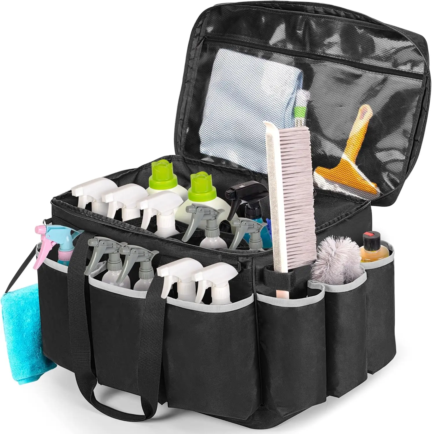 

Large Cleaning Caddy with Hard Bottom, High Capacity Organizer for Home & Work, Tote Bag with Strap