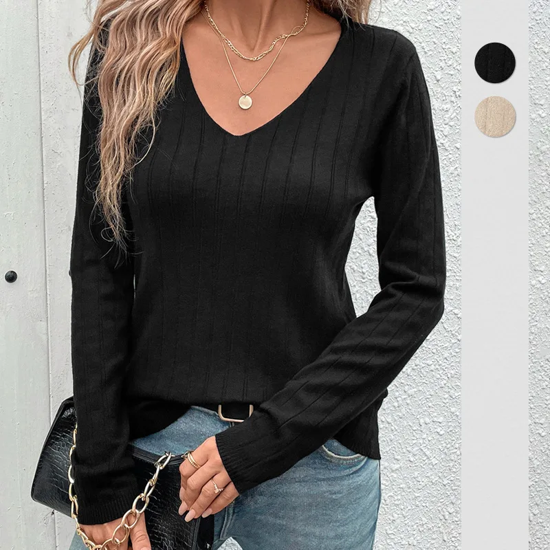 

2025 New European and American Autumn Women's Clothing Cross-border Striped V-neck Black Sweater for Women