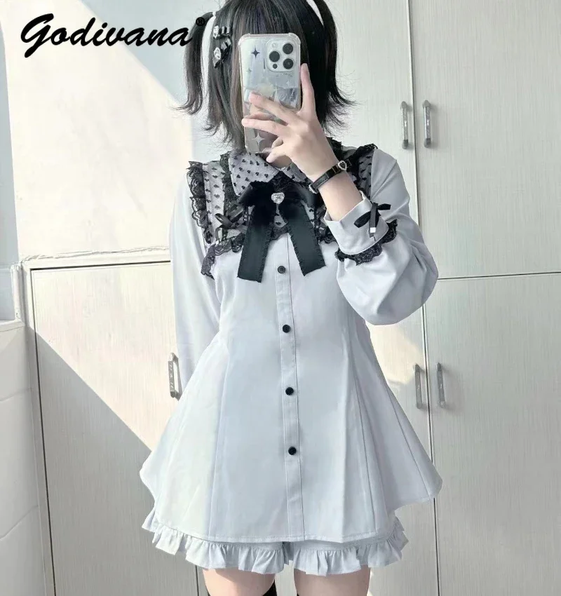 Lolita Mine Series Mass-Produced Heart-Shaped Lace Up Long Sleeve Bow Dress Top Shorts Suit Autumn New Sweet 2 Piece Set Outfits