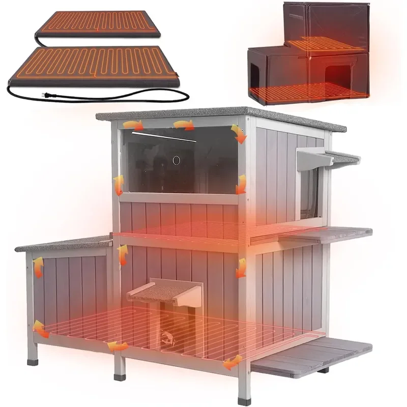 Extra Large Heated Cat House Outdoor Insulated Cat House 2-Section Weatherproof Feral Cat Shelter with Safe Heating Pad