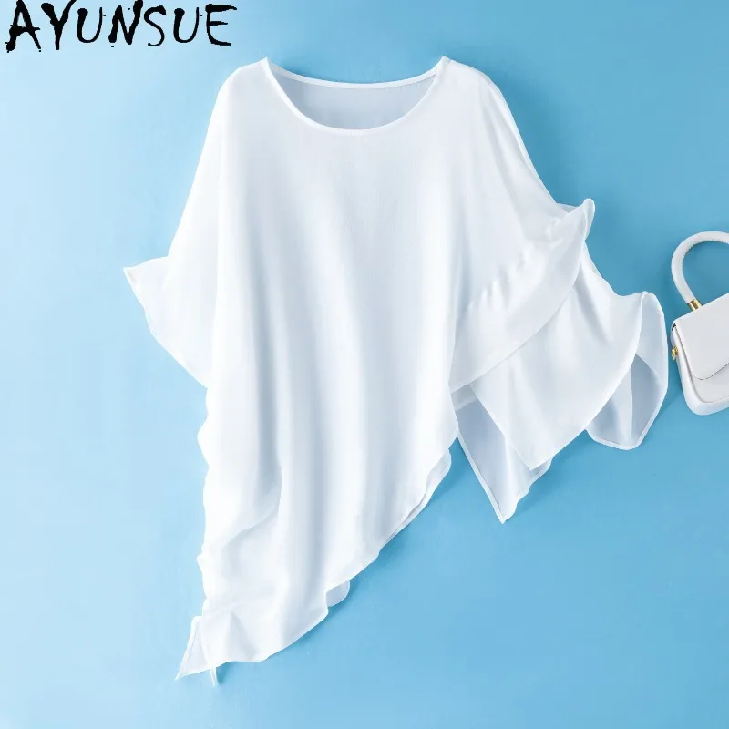 

AYUNSUE Double Crepe Silk Tops for Woman Stylish Irregular Summer Top Solid Color Sunscreen Cape Woman Clothes High Quality Ropa