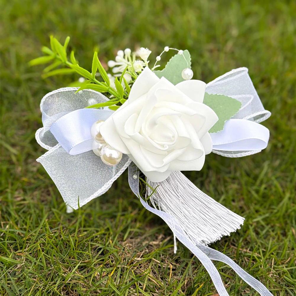 White Rose Wedding Rearview Mirror Decor Flower, With Tulle Bow, Pearls, Tassels And Green Leaves,For Wedding Car ,Chair Decor view 5