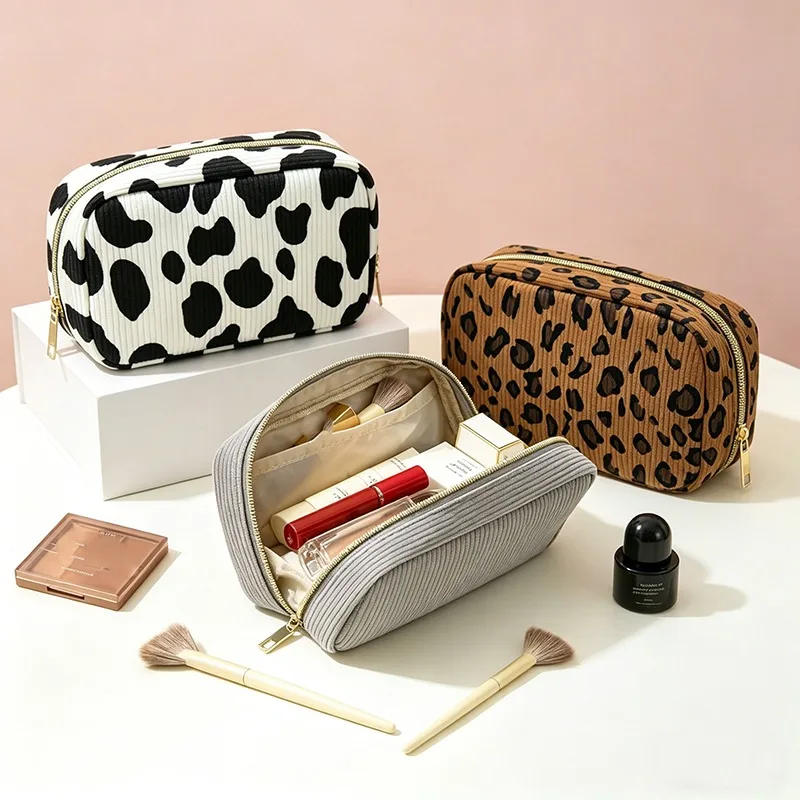 Portable Handheld Corduroy Makeup Bag for Women Minimalist Travel Cosmetics Storage Pouch Soft Organizer for Daily Beauty Items