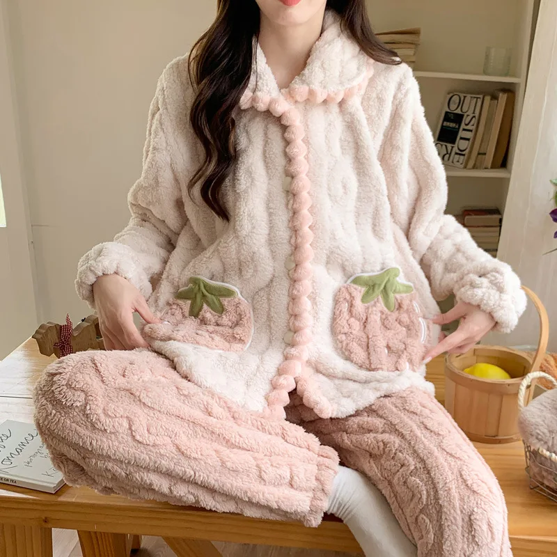 

Women's Sleepwear Autumn Winter New 2Pcs Pijamas Set Thicken Warm Sweet Strawberry Pajamas Homewear Loose Flannel Lounge Wear