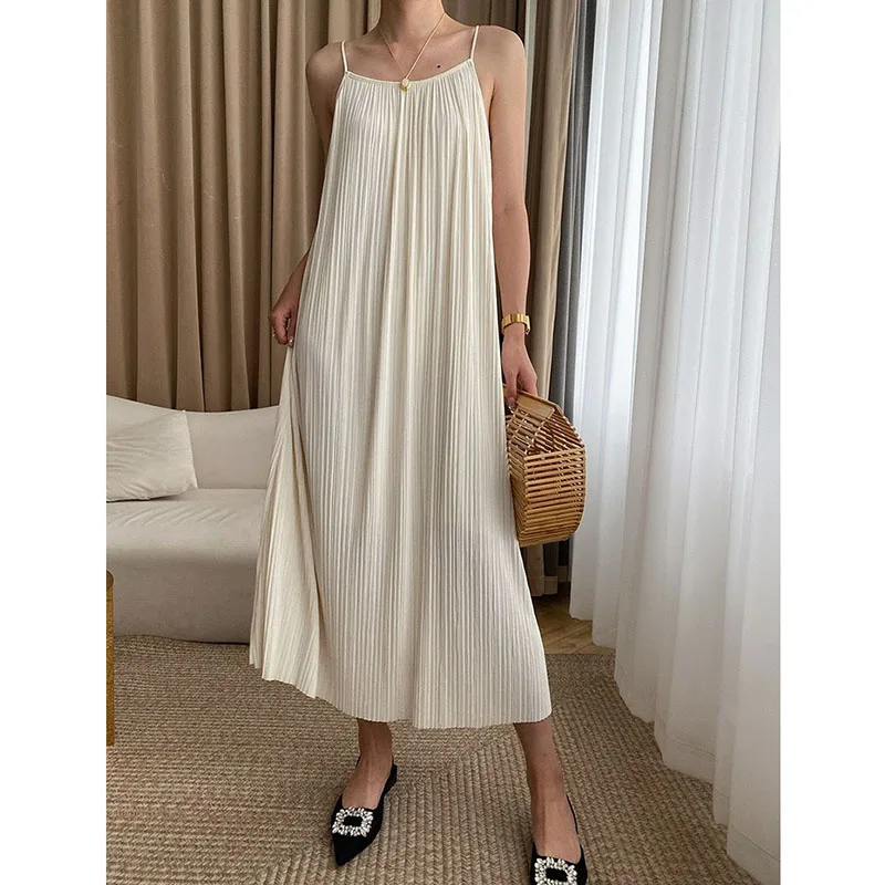 Lucyever Spaghetti Strap Dresses Women Summer Soft Wind Casual Loose Beach Long Dress Female Korean Simple Wild Mid-Calf Dress