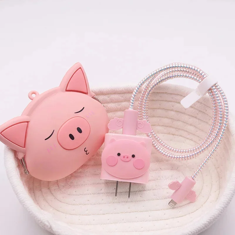 Y2K Cute 3D Pink Pig + Pig Storage Bag Charger Cover For IPhone 12 13 14 18/20W Silicone Charge Correa Protection Cover Sleeve