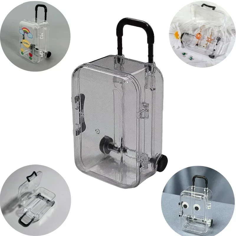 Mini transparente Kunststoff-Koffer-Aufbewahrungsboxen mit einziehbaren Rädern, Schmuck-Snack-Organizer, Schmuck-Puppenhaus-Aufbewahrungsbox