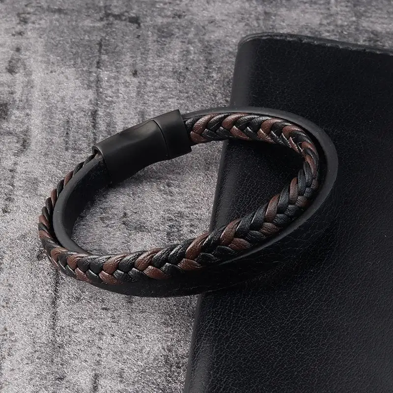 Luxury Genuine Leather Bracelet Men Stainless Steel Double Circle Braid Bangles For Male Female Bracelets Jewelry Gift Wholesale