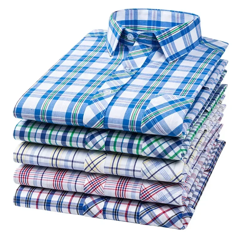 Spring Summer 100% Pure Cotton Man' Shirt Long  Sleeve Plaid Cool Checkered Shirts Men Business Casual with Pocket Leisure