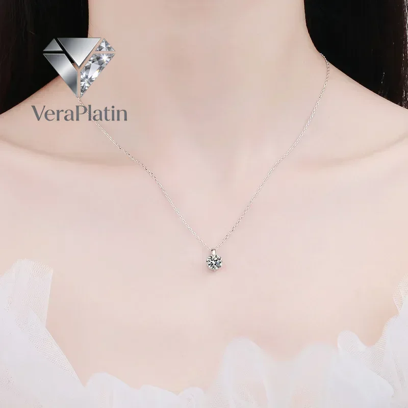 

VeraPlatin Women Valentine's Day 18K White Gold Wedding Necklaces 1/2/3CT VVS1 D Color Moissanite Diamond Pendant PT950 Girl Bir