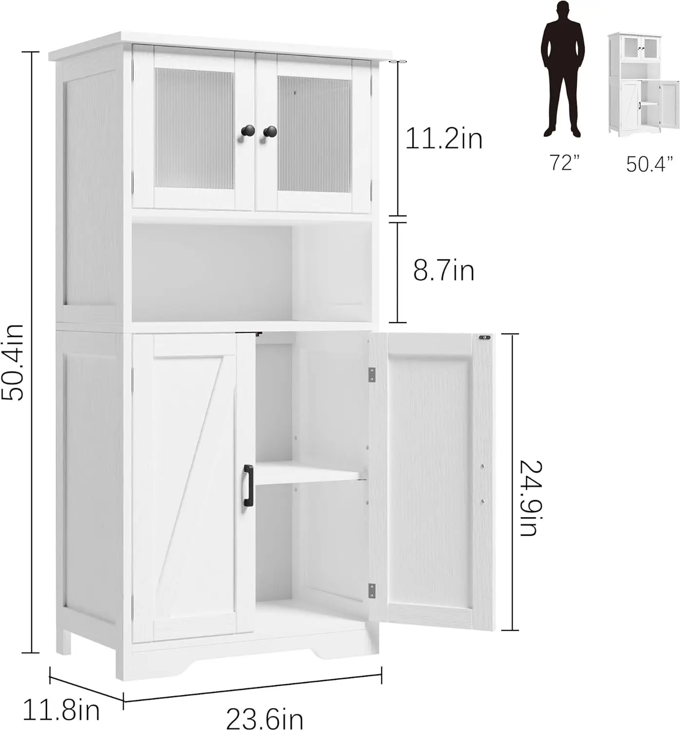 50 Inch Tall Freestanding Storage Cabinet with 4 Doors | Custom Adjustable Shelves,Modern Multi-Use Wooden Cupboard, Damp-Proof Bathroom Cabinet for Pantry, Kitchen, Living Room