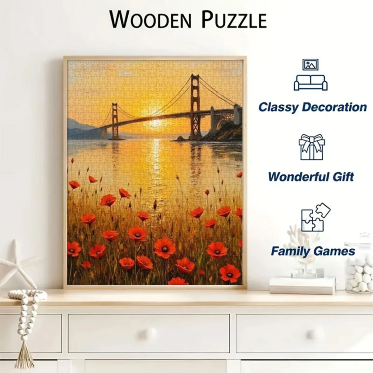 500/1000/1200ピース 大人＆家族向けジグソーパズル - ゴールデンゲートブリッジ、3Dポピー畑をモチーフにした大きな挑戦的な脳トレパズル