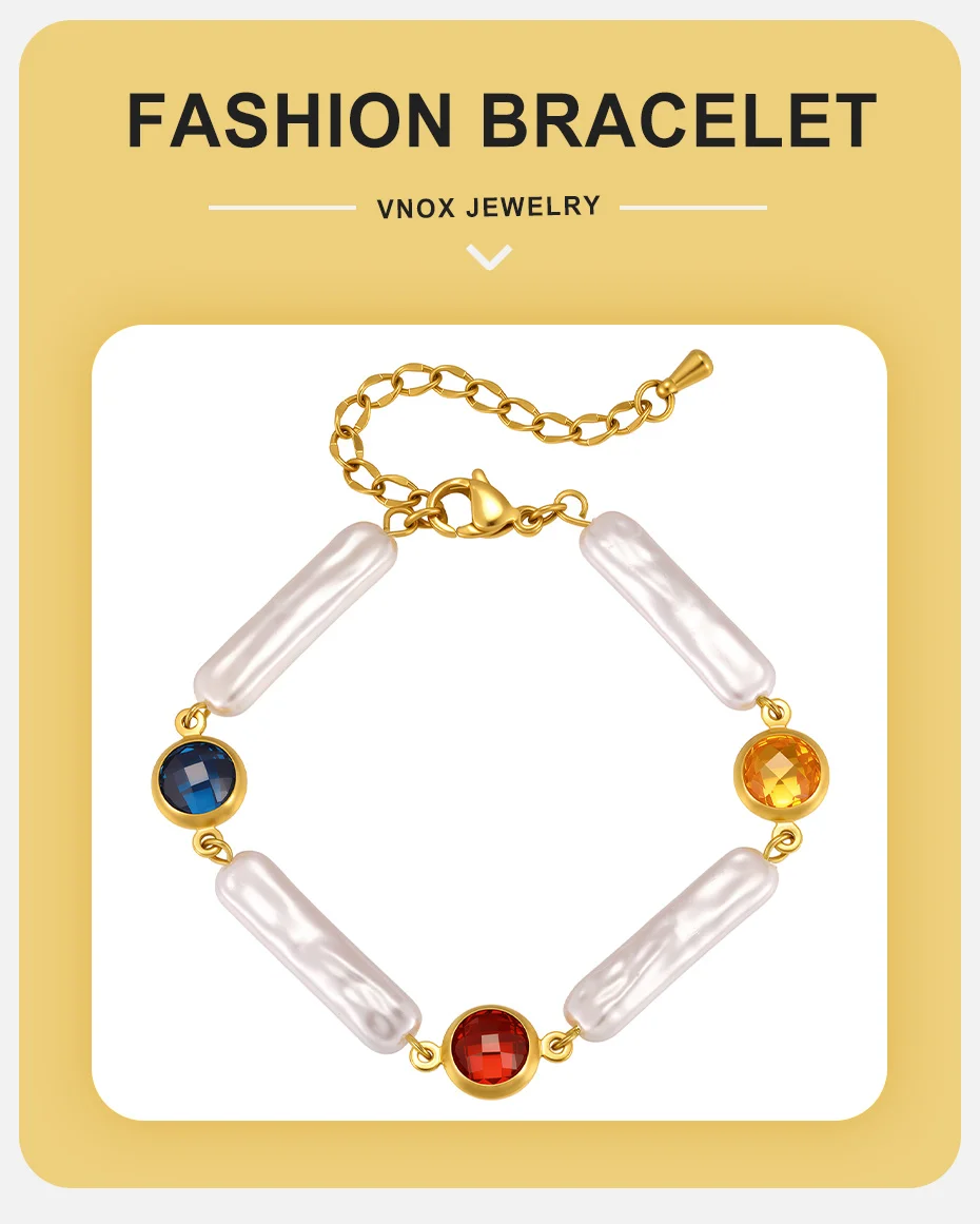 Vnox Exquisites Edelstahl-Imitationsperlen-Armband für Damen, Einzigartiges Design, 18K Vergoldet, Buntes Zirkonia-Armband – Detail 1