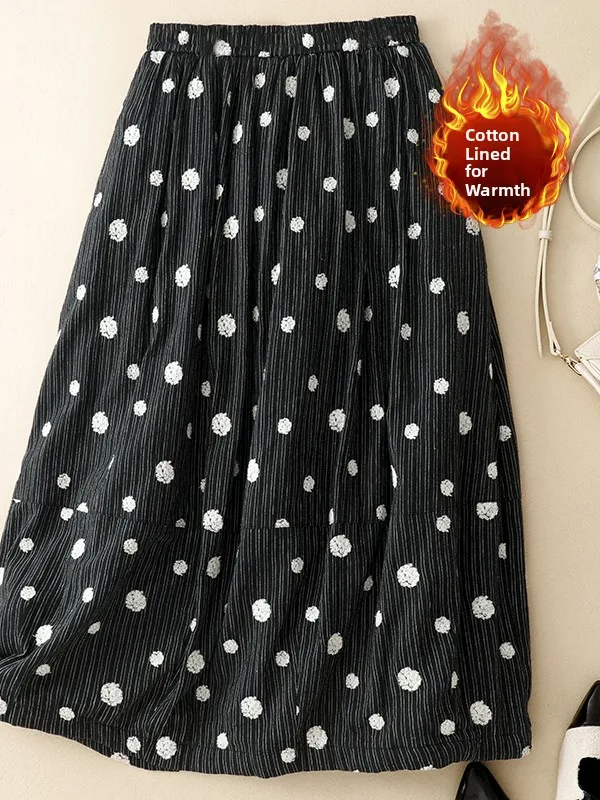 

Ретро-юбка-блумер в горошек из утолщенного хлопка и льна, А-силуэт, для полных женщин, зимняя новинка, повседневная, черная, с высокой талией