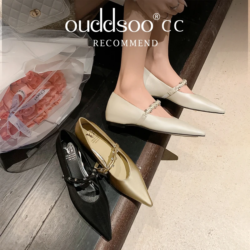 

Ods Cow Leather Low Heels Chic Spring Casual Shoes Crystal Mary Janes Luxury Dating Shallow Concise Comfort Work Heels Pumps