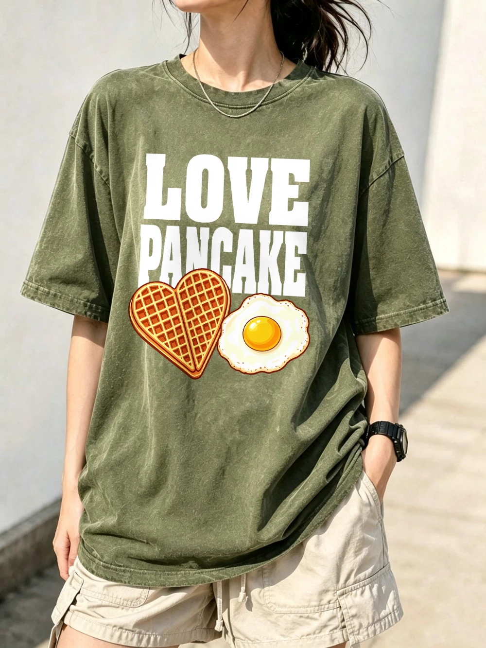Love Pancake Heart Waffle Fried Egg Prints Washed T-Shirts Womens Cotton Oversized Tops Street O-Neck Tees Summer Woman Clothes