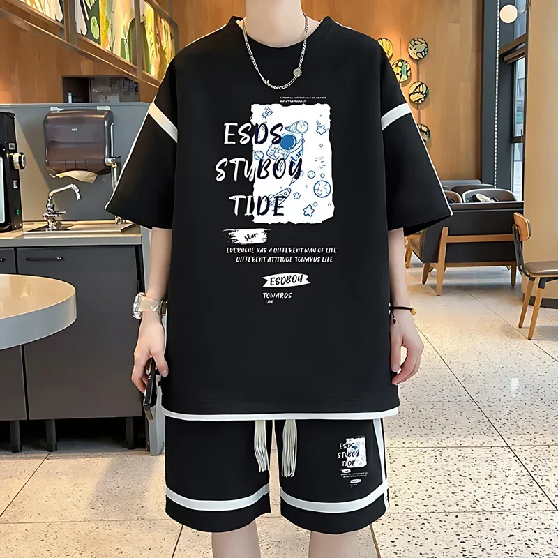 

Summer Waffle Fabric Tracksuit Men Breathable Casual Letter Print T-Shirt + Shorts Sets Fashion Half Sleeve Two Piece Sets Men