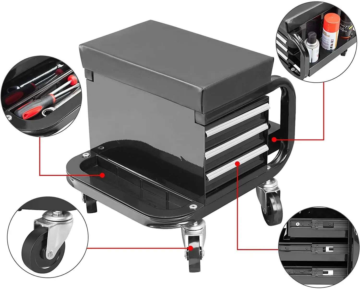HPDMC acolchoado Mecânico Stool Tool Box com 3 gavetas e Rodas, Assento Creeper Preto, Garagem e Oficina