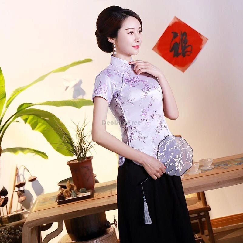 

2024 chinese style spring and summer improved short-sleeved cheongsam blouse chinese retro disc buckle tang suit female tea yop