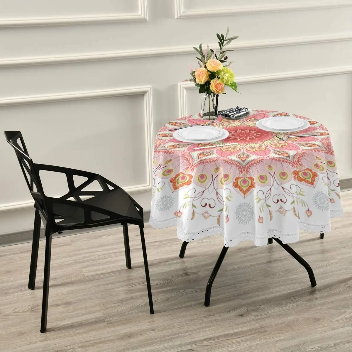 Indian Floral Peacock Feathers and Paisley Round  Dinner Table Cloth Traditional Mandala Polyester White Lace Tablecloth 60 Inch