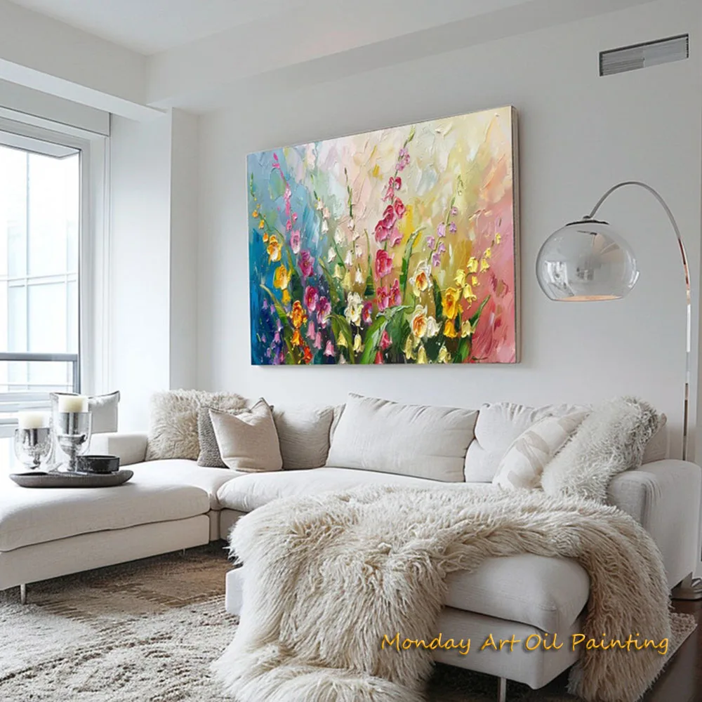 Hand Colorful Flowers Oil Painting Abstract Texture Original Boho Style Decor Bedroom Art Living Room Impressional Home Wall