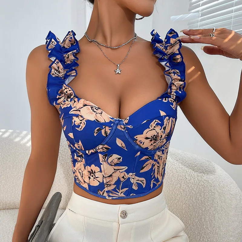 Sexy Blue Floral Print Corset Top Backless V Neck Criss Cross Bandage Fishbone Bustier Push Up Underwired Club Party Camisole
