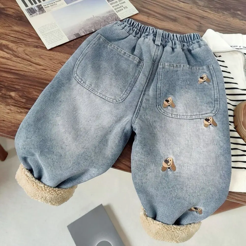 Kids Winter Thick Denim Jeans Lamb Fleece Lined Trousers Boys Girls Casual Warm Pants Soft Breathable Clothing Bottoms