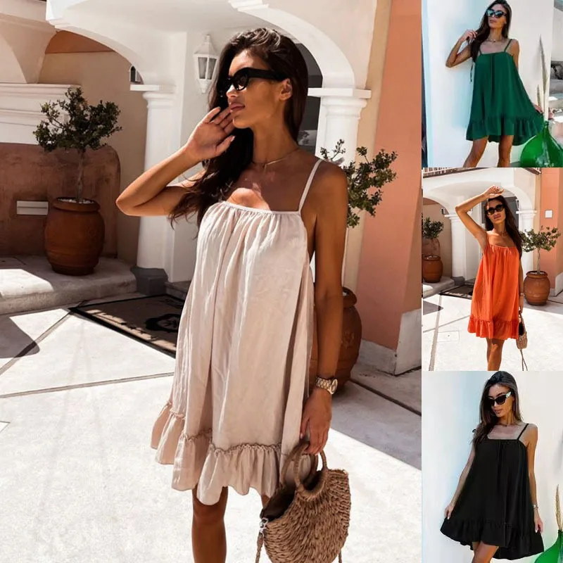 

Summer New Solid Color Backless Sleeveless Loose Ruffle Women Night Dress Fashion Outerwear Multiple Colors 3 XL Size Suspender