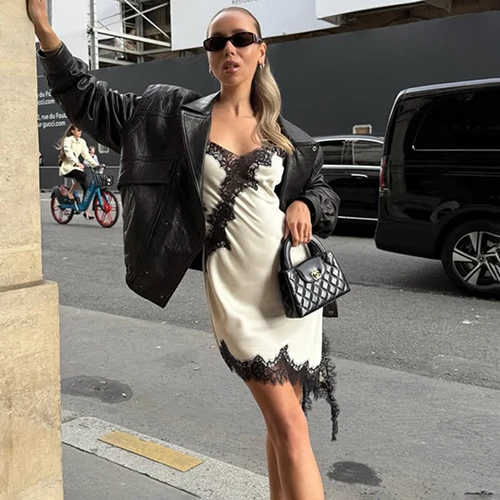 Imagen 2 del producto Tornova-Mini vestido de encaje con tirantes finos para mujer, vestido Sexy con abertura y espalda descubierta, vestido elegante ajustado para fiesta de noche, cintura alta