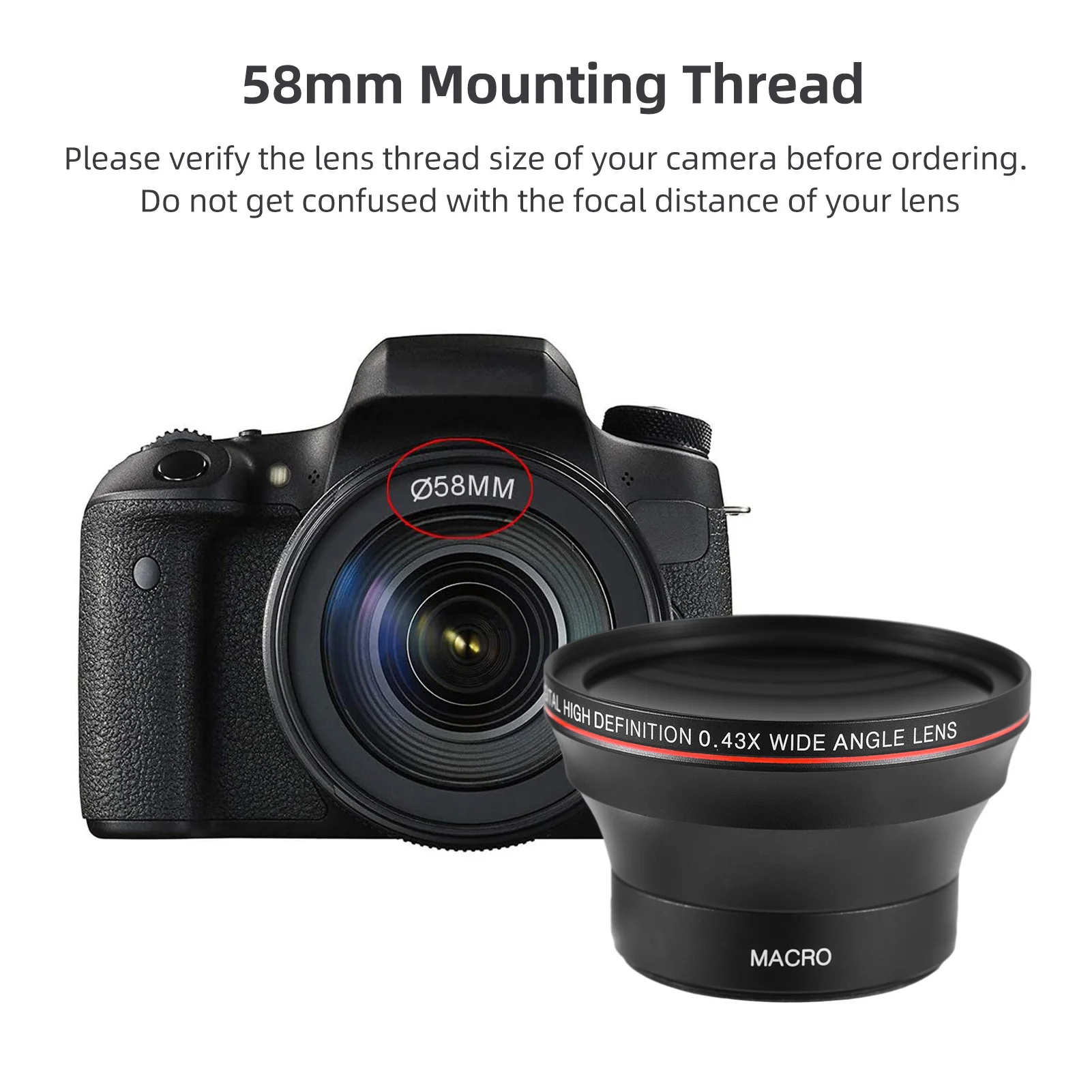 58mm Camera Lens Kit with 0.43X Wide Angle Lens + Macro Lens Aluminum Alloy DSLR Camera Lens Replacement for Canon EOS 70D/77D/8