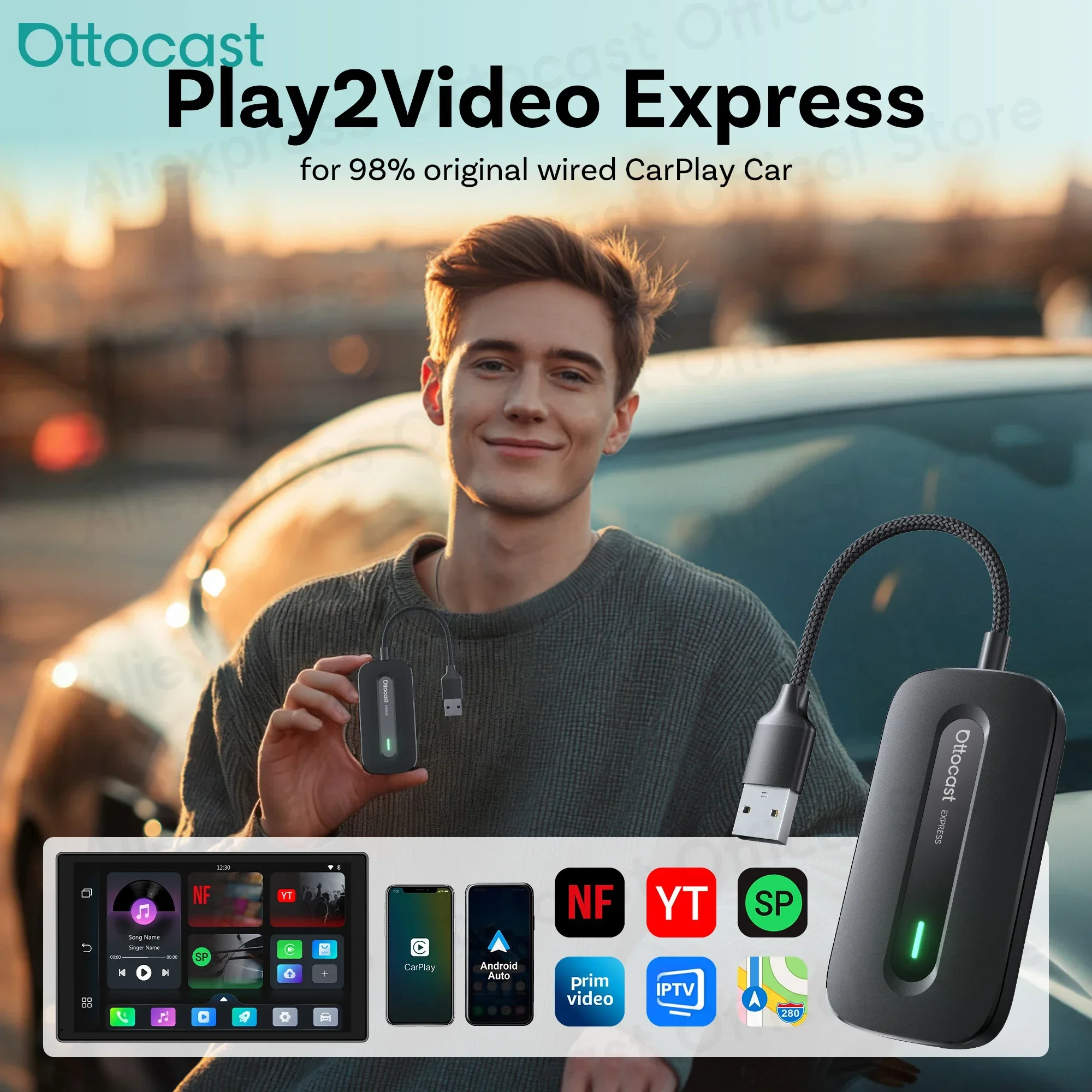 OTTOCAST Wireless CarPlay Android Auto Adapter Play2Video Express for Youtuber NetFlix Car Accessories for Honda Nissan Geely VW