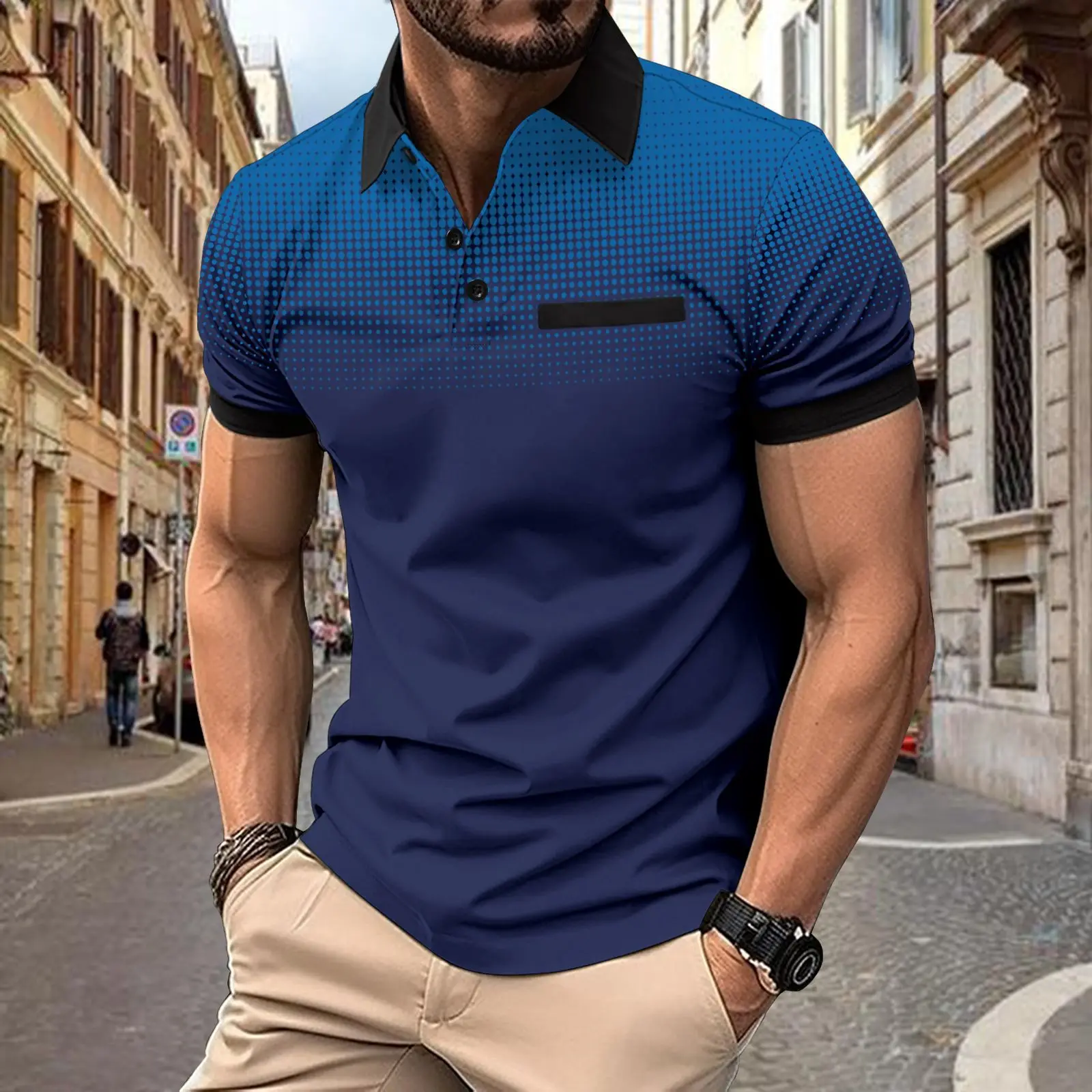 Polo con estampado degradado para hombre, camiseta con puntos para deportes casuales, ajuste delgado y ropa muscular al aire libre, Verano